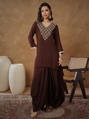 Brown Embroidered Short Kurta With Dhoti Skirt-Shae By SASSAFRAS