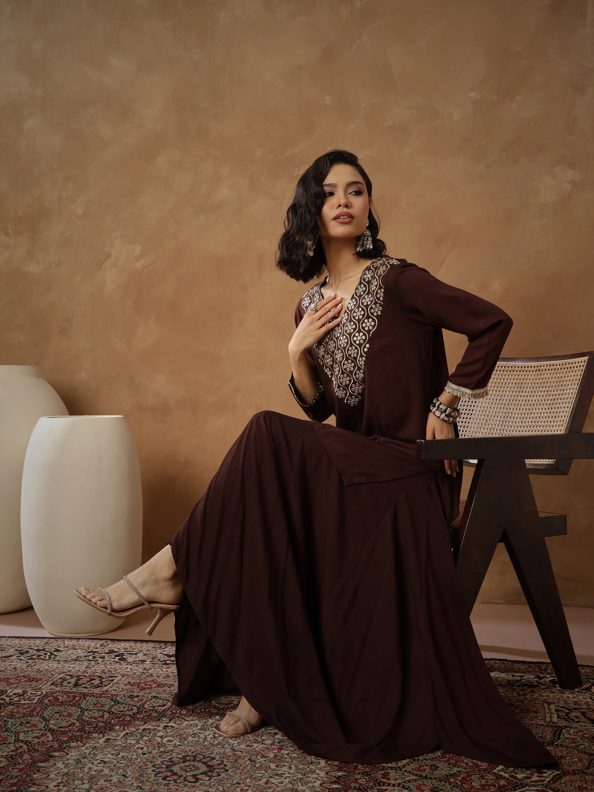 Brown Embroidered Short Kurta With Dhoti Skirt-Shae By SASSAFRAS