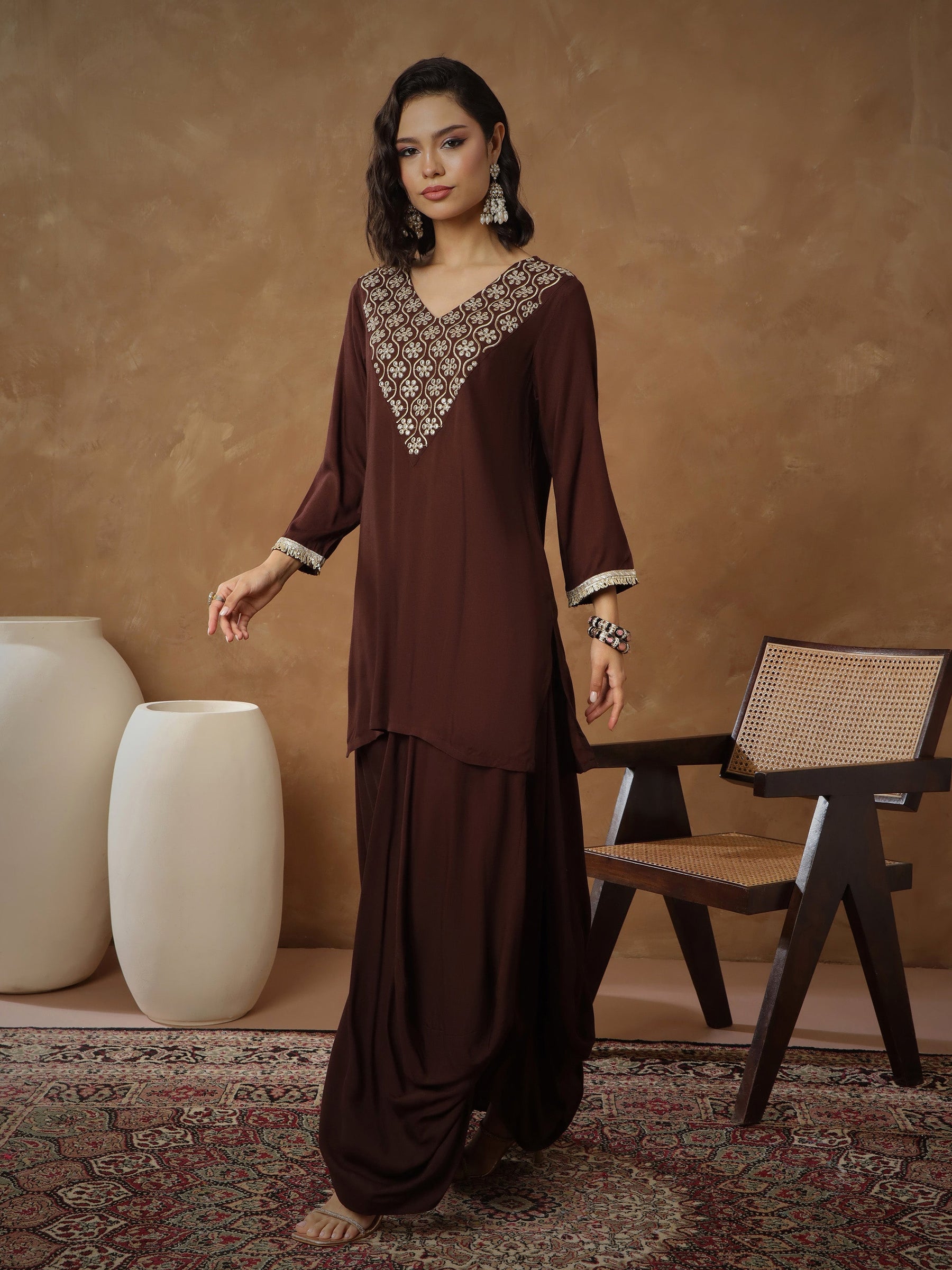 Brown Embroidered Short Kurta With Dhoti Skirt-Shae By SASSAFRAS