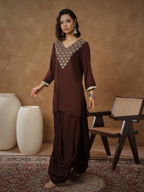 Brown Embroidered Short Kurta With Dhoti Skirt-Shae By SASSAFRAS