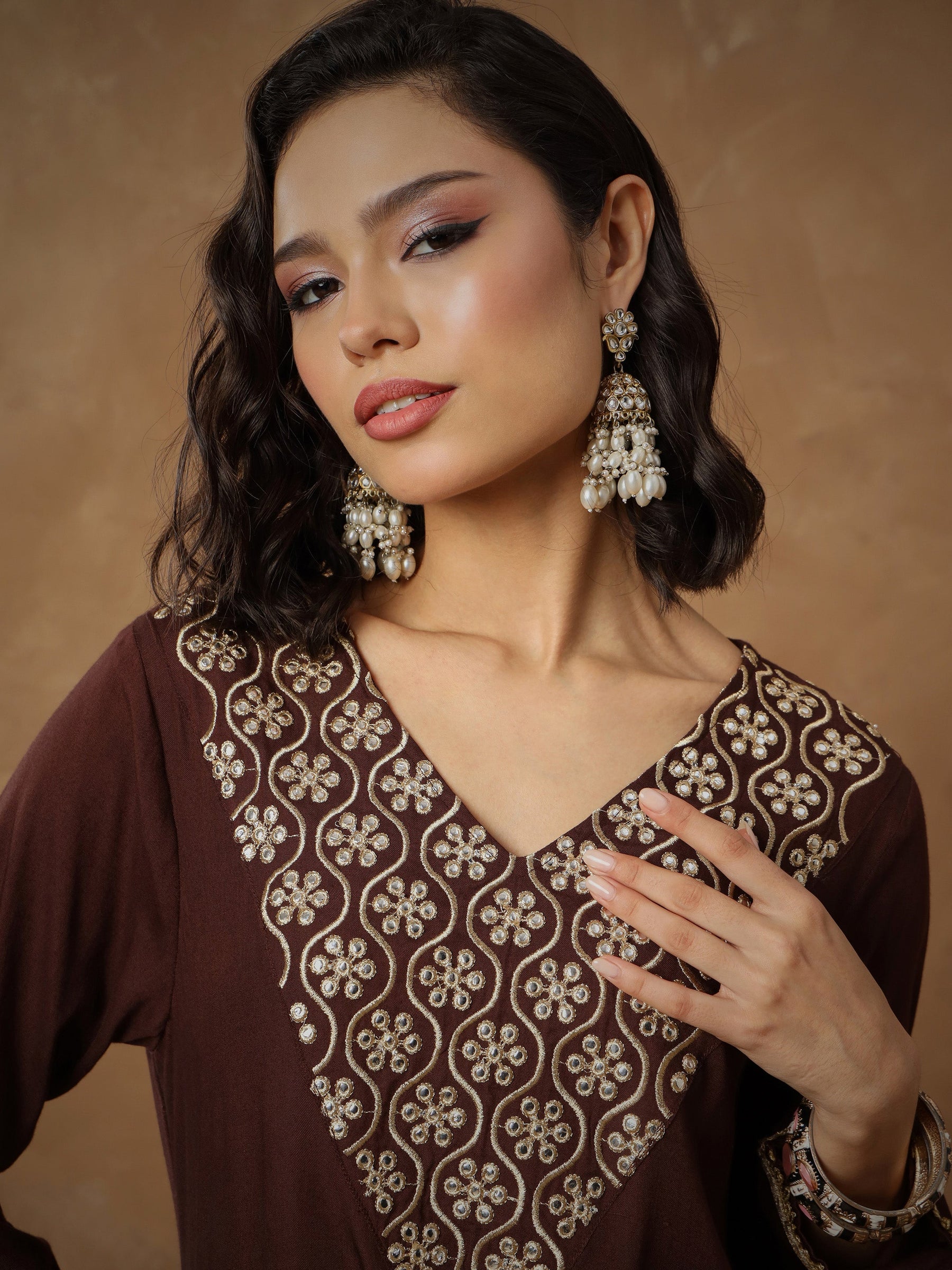 Brown Embroidered Short Kurta With Dhoti Skirt-Shae By SASSAFRAS