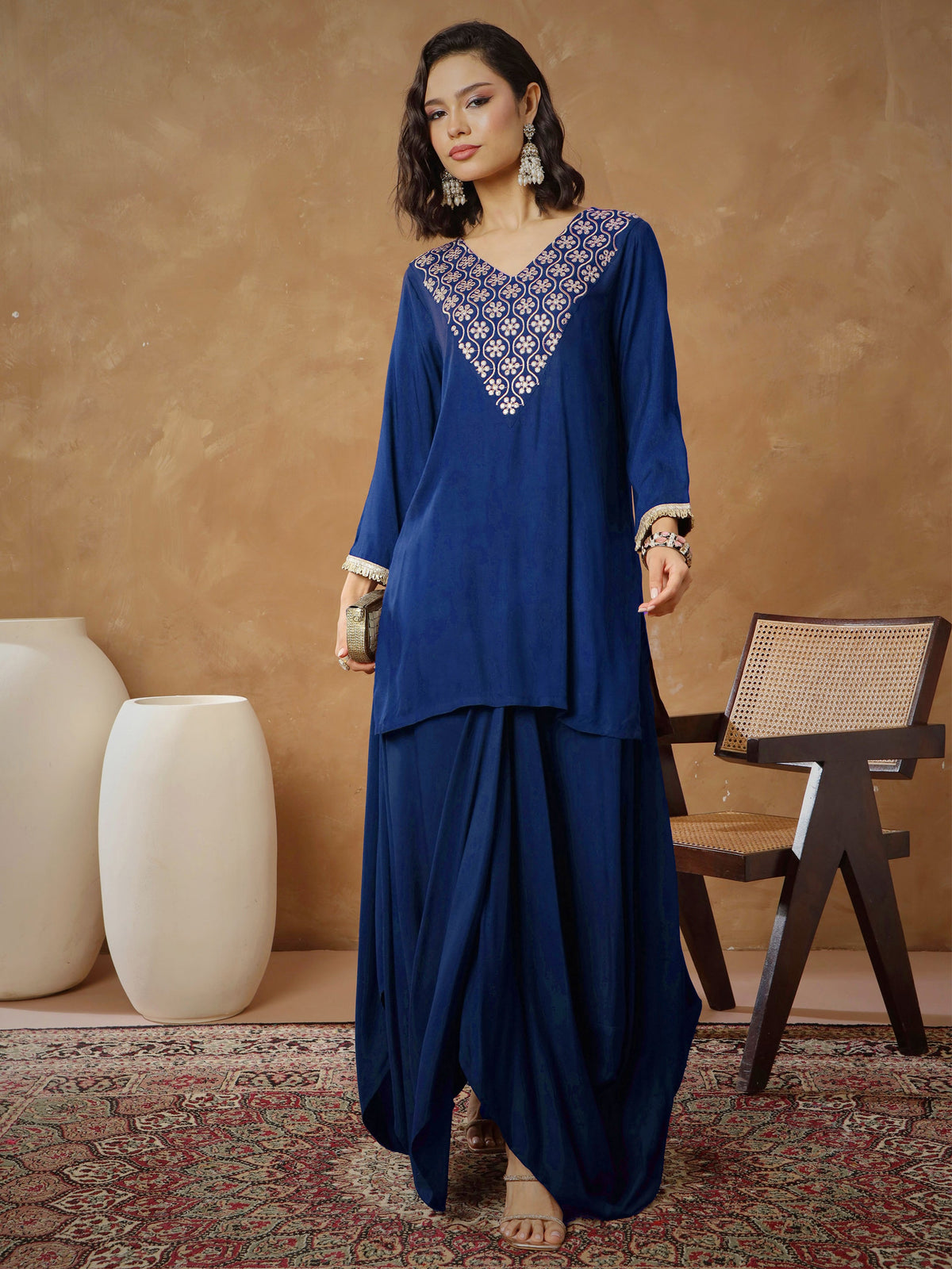 Navy Embroidered Short Kurta With Dhoti Skirt-Shae By SASSAFRAS