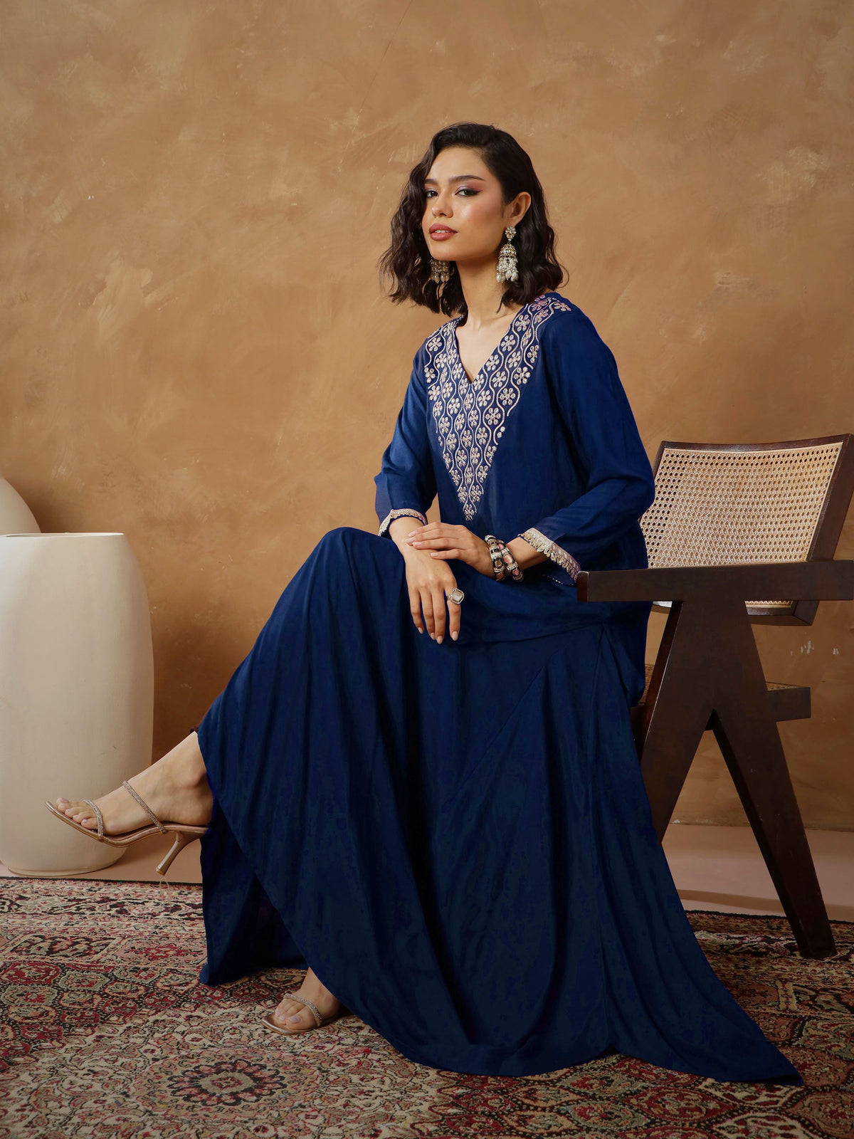 Navy Embroidered Short Kurta With Dhoti Skirt-Shae By SASSAFRAS