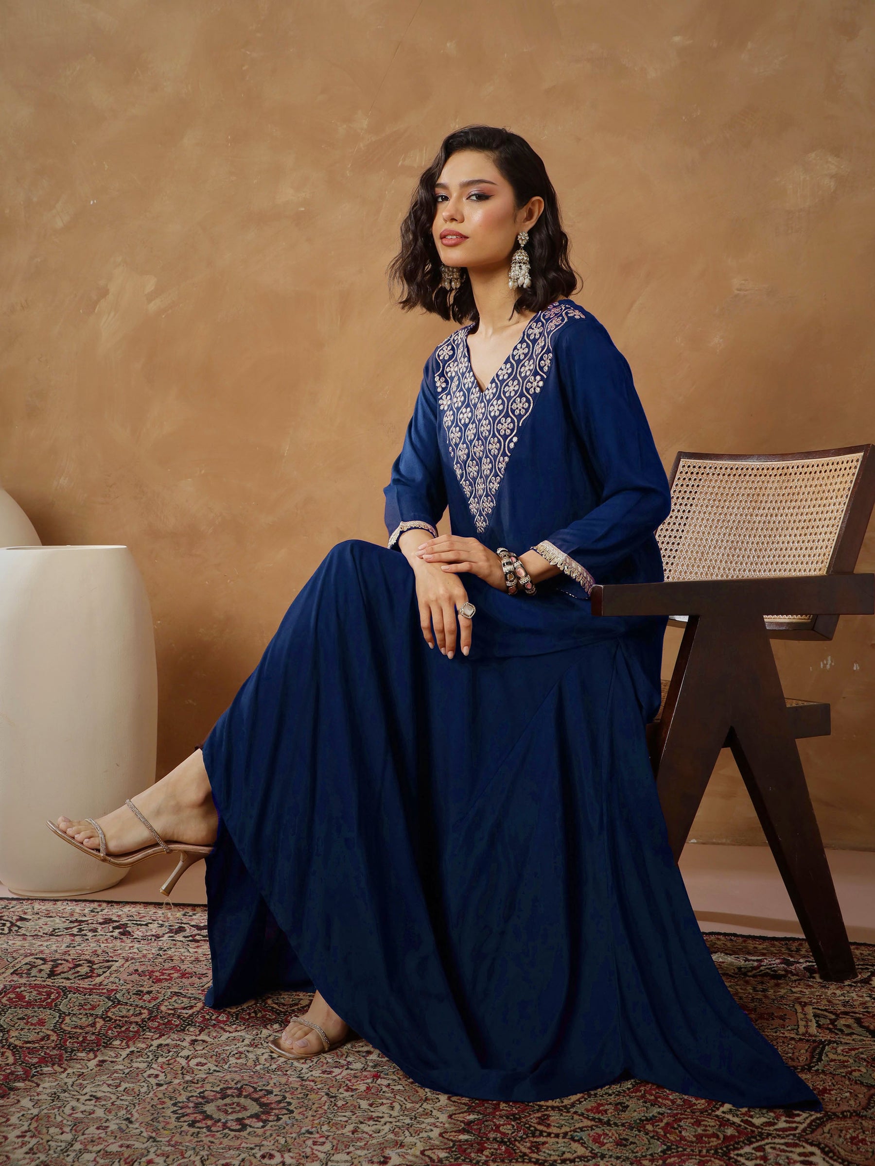 Navy Embroidered Short Kurta With Dhoti Skirt-Shae By SASSAFRAS