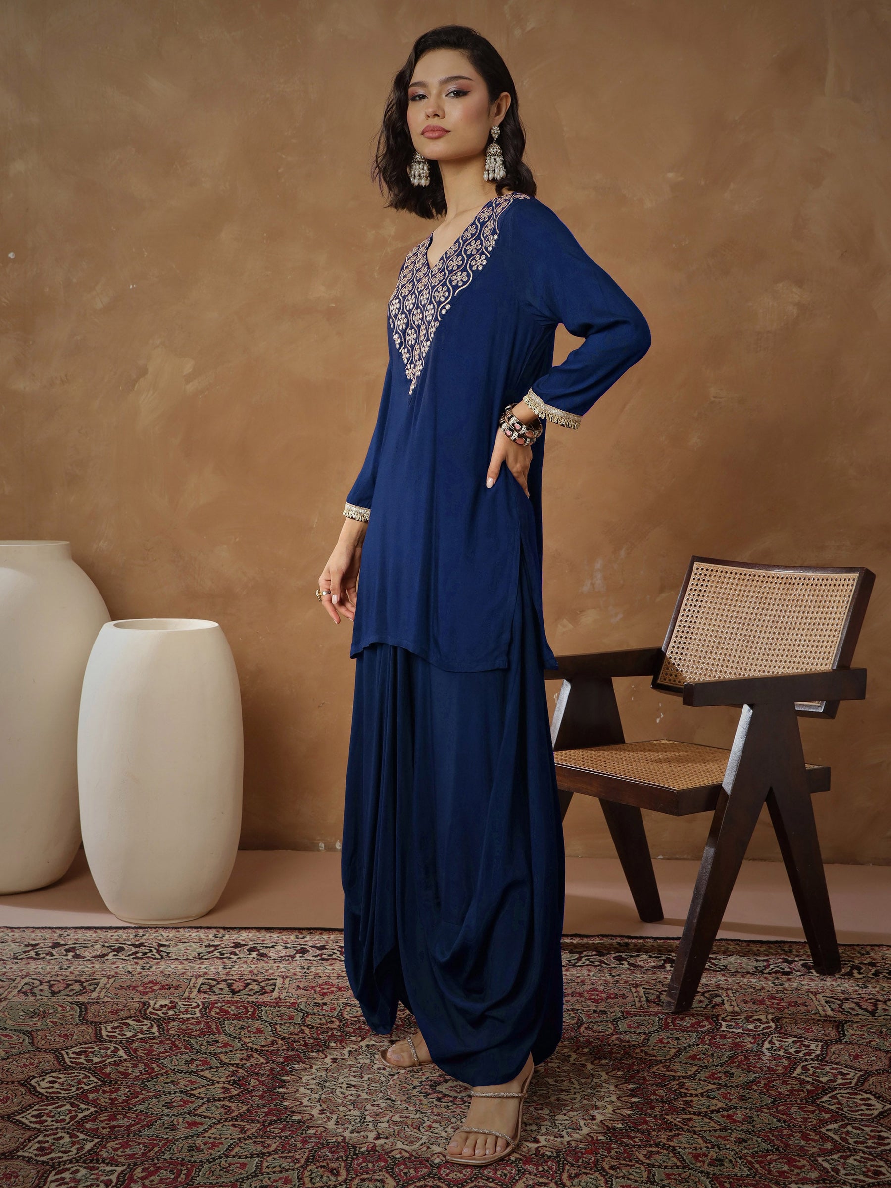 Navy Embroidered Short Kurta With Dhoti Skirt-Shae By SASSAFRAS