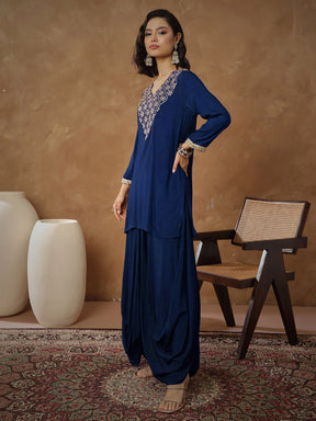 Navy Embroidered Short Kurta With Dhoti Skirt-Shae By SASSAFRAS