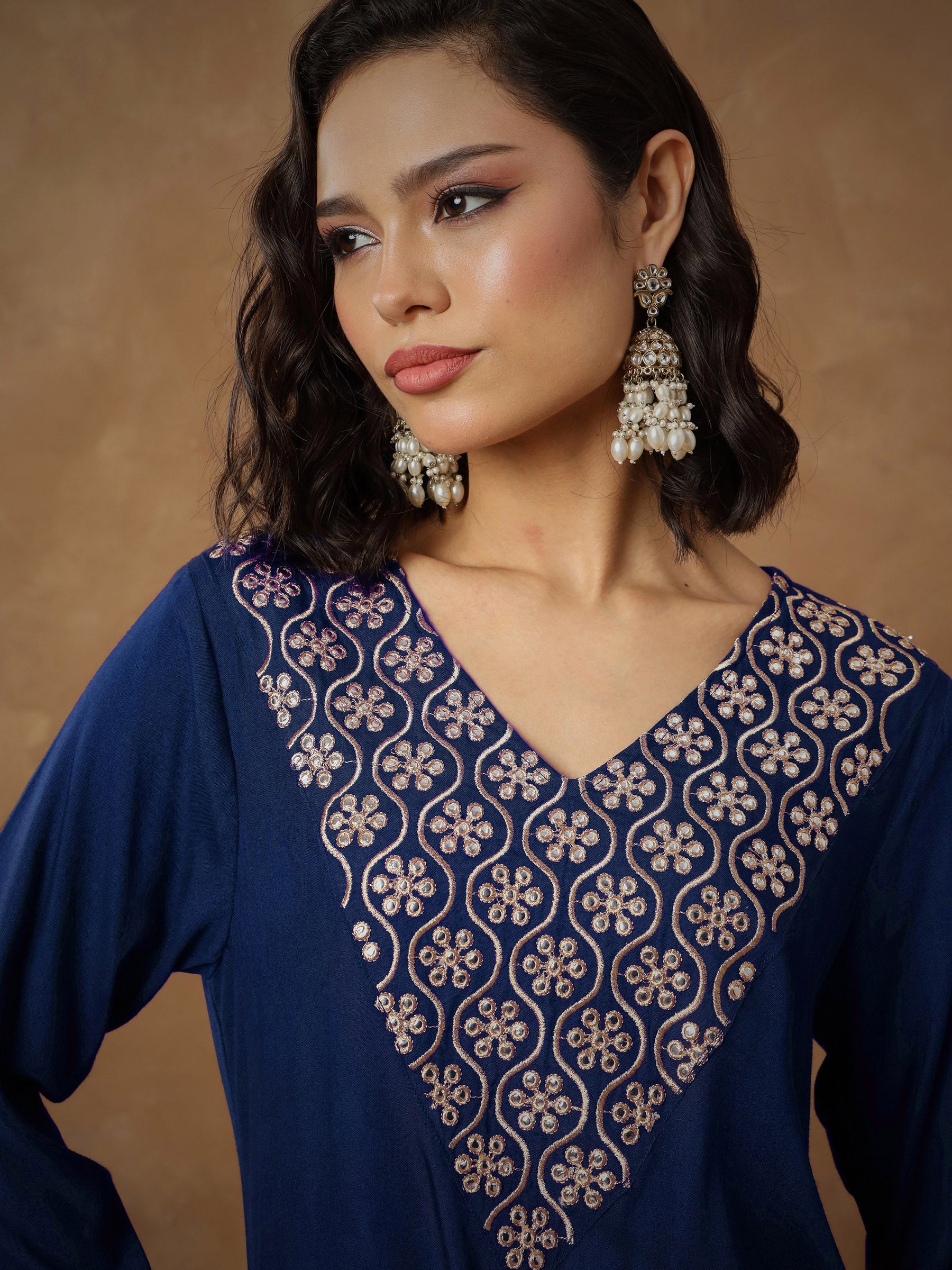 Navy Embroidered Short Kurta With Dhoti Skirt-Shae By SASSAFRAS