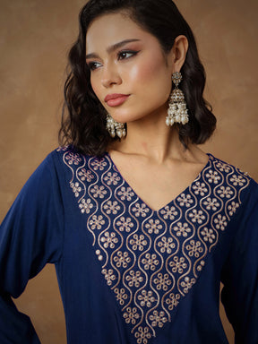 Navy Embroidered Short Kurta With Dhoti Skirt-Shae By SASSAFRAS