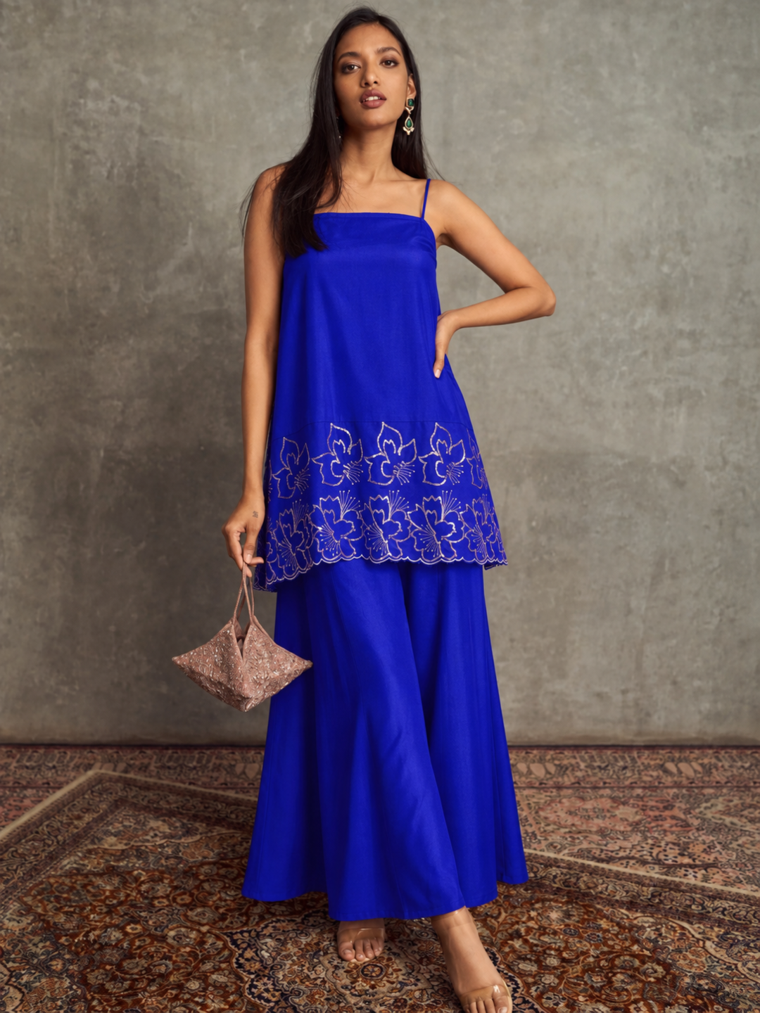 Women Navy Embroidered Strappy Kurta With Palazzos