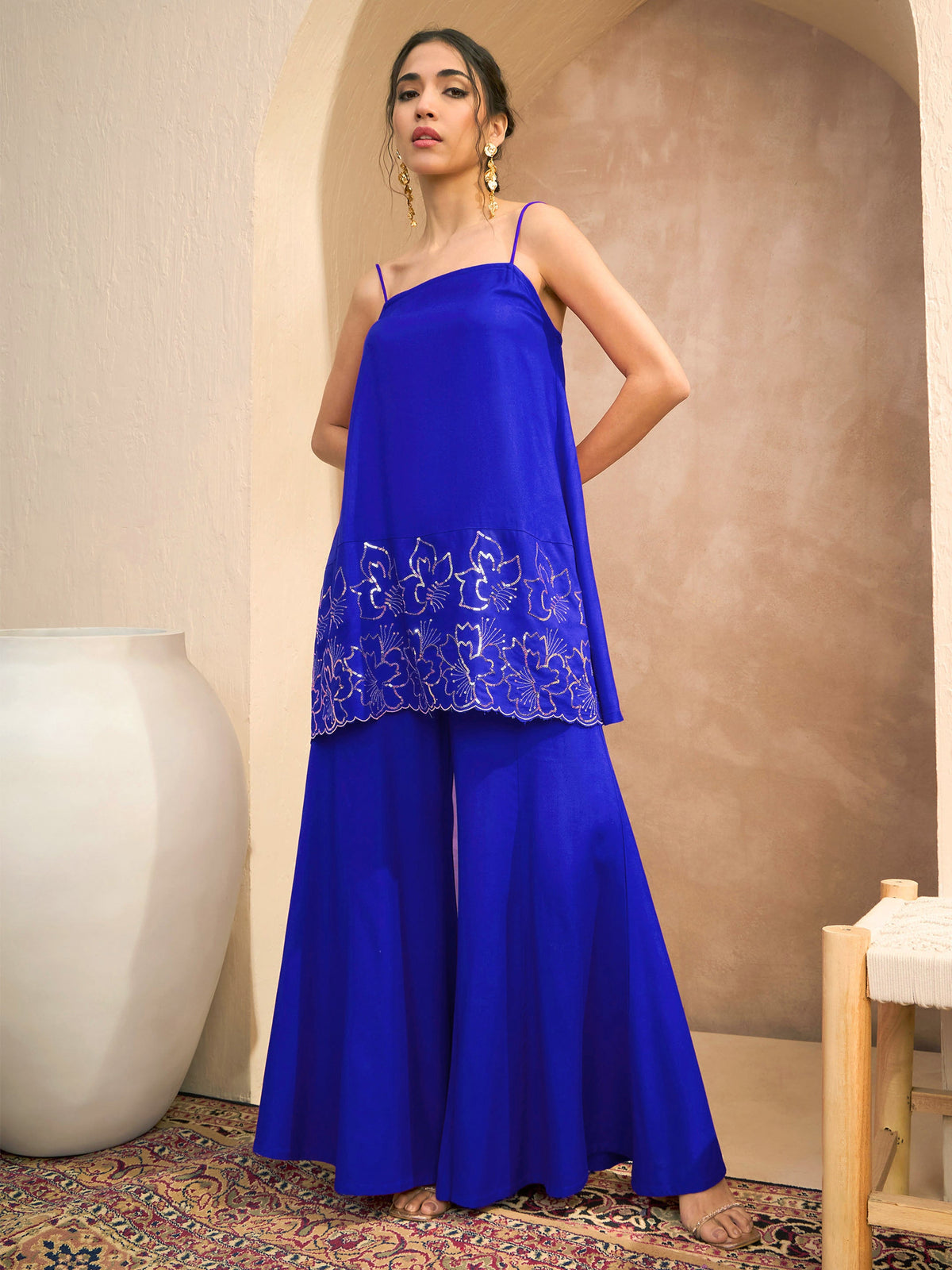 Navy Embroidered Strappy Kurta With Palazzos-Shae By SASSAFRAS