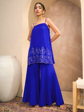 Navy Embroidered Strappy Kurta With Palazzos-Shae By SASSAFRAS