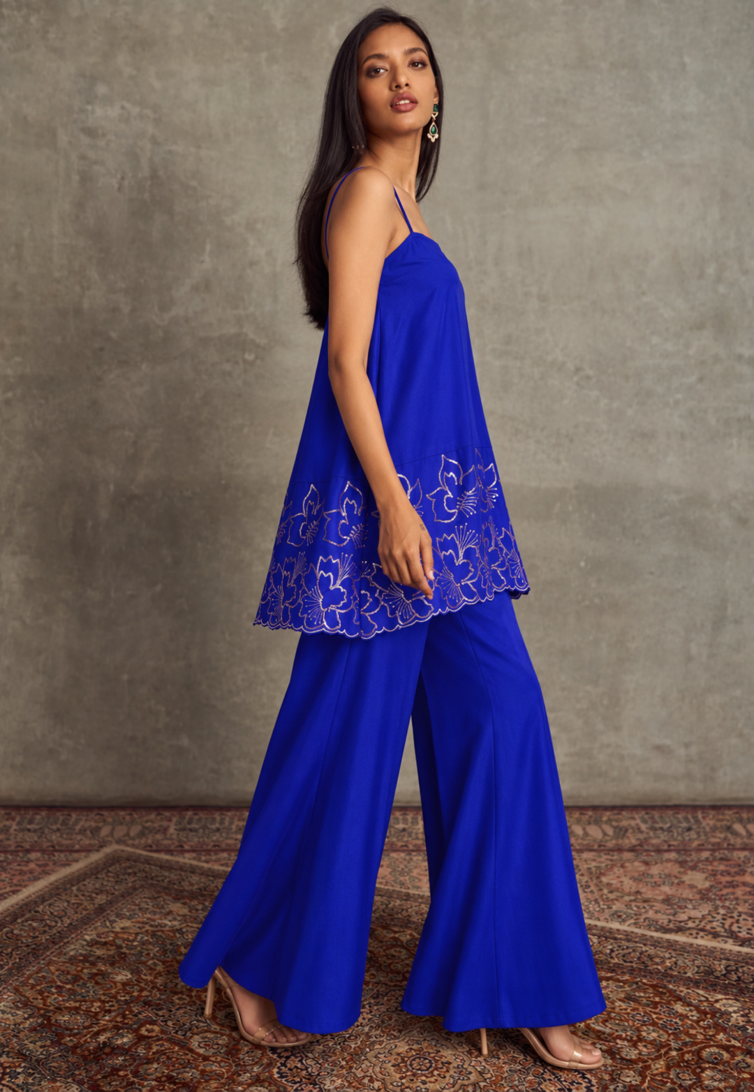 Women Navy Embroidered Strappy Kurta With Palazzos