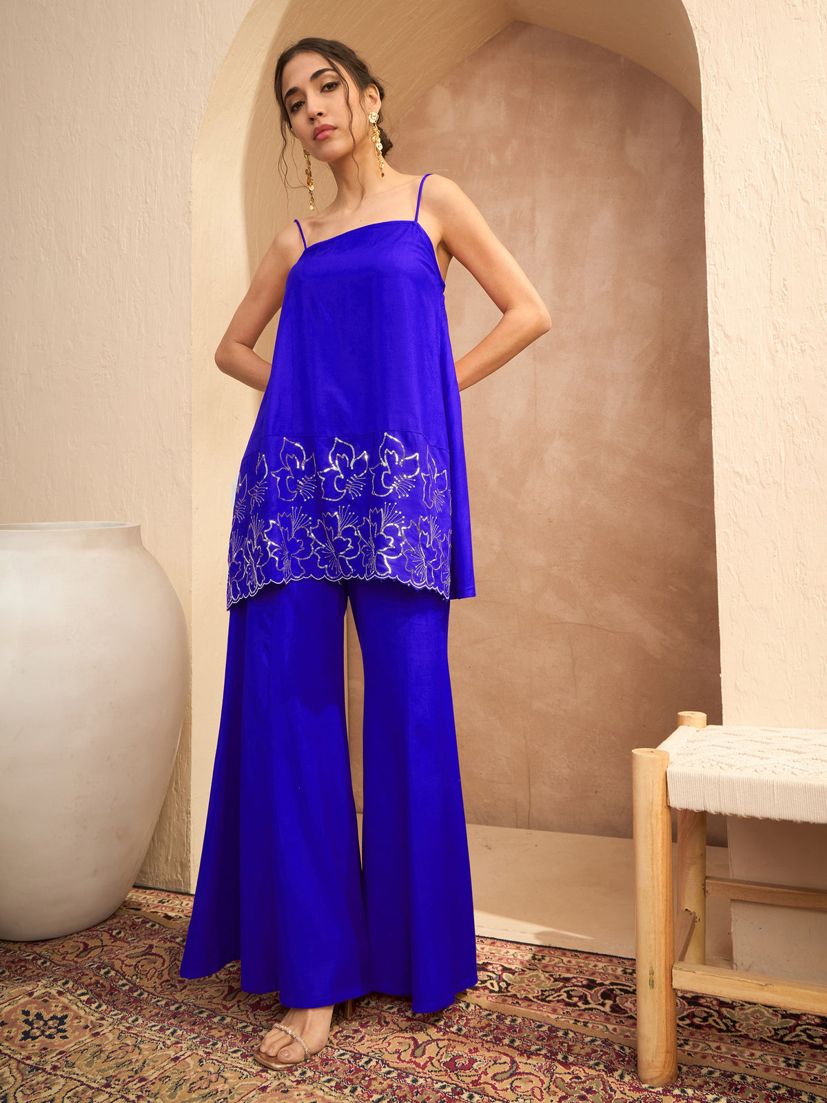 Navy Embroidered Strappy Kurta With Palazzos-Shae By SASSAFRAS