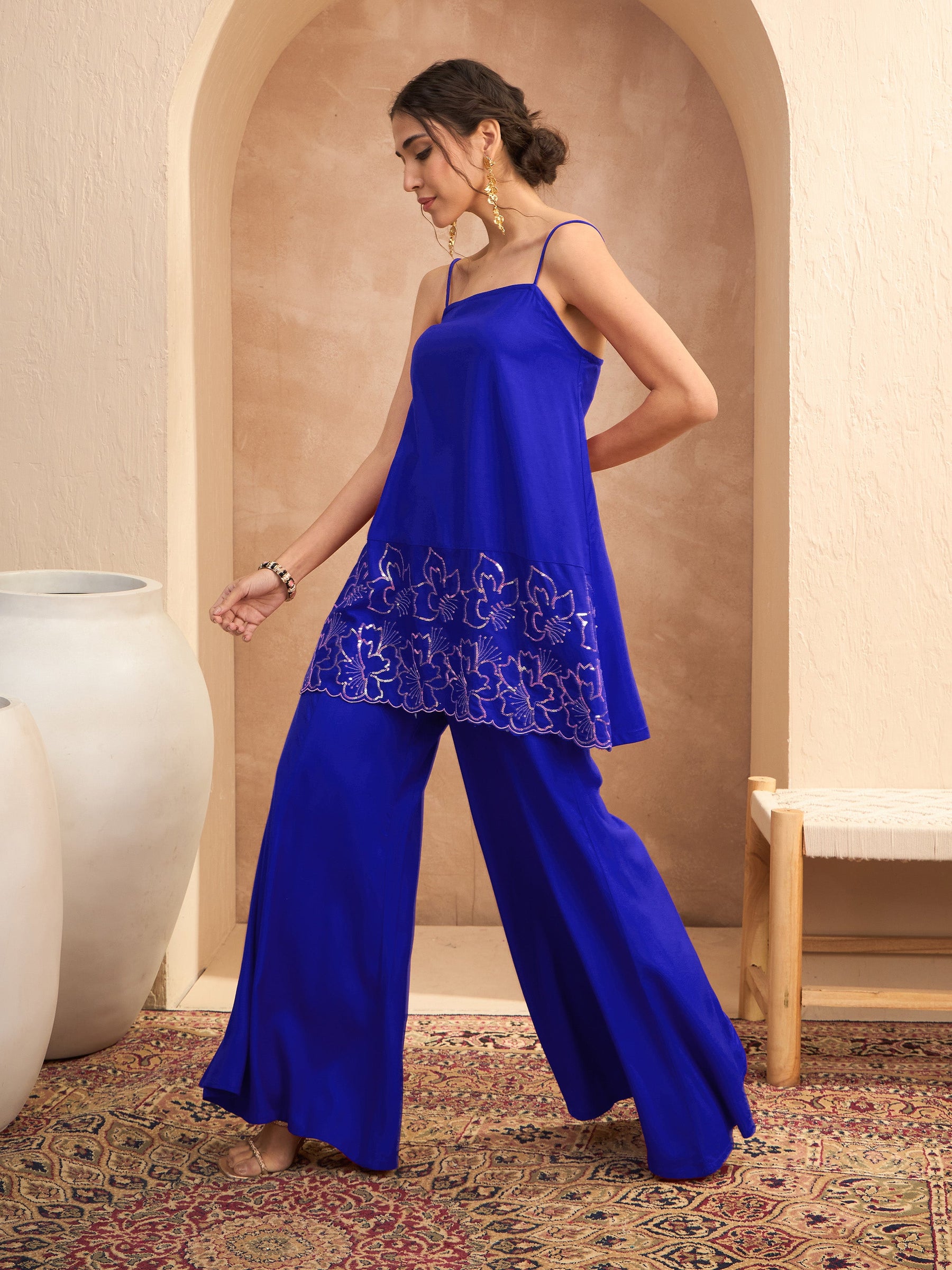 Navy Embroidered Strappy Kurta With Palazzos-Shae By SASSAFRAS