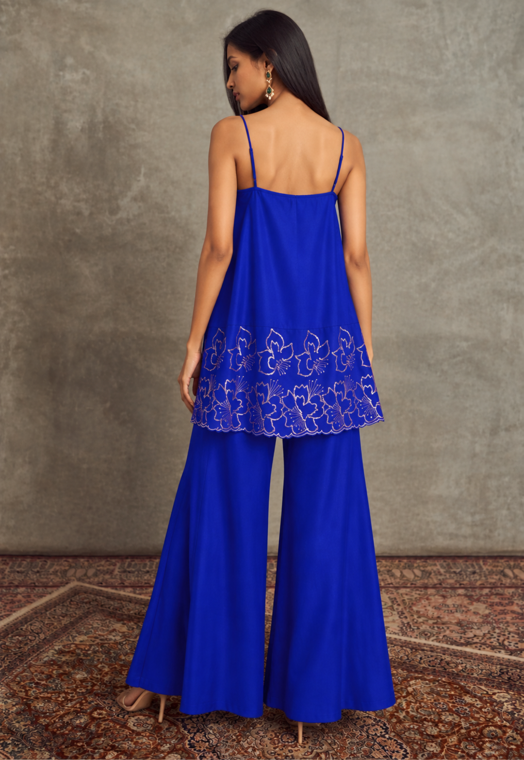 Women Navy Embroidered Strappy Kurta With Palazzos