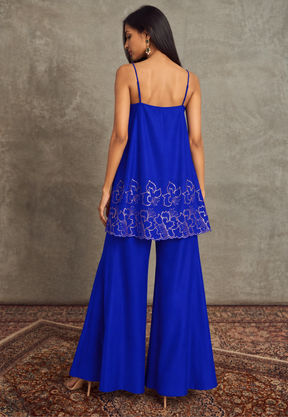 Women Navy Embroidered Strappy Kurta With Palazzos