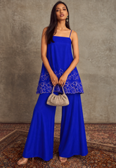Women Navy Embroidered Strappy Kurta With Palazzos