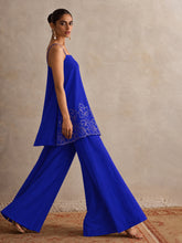 Navy Embroidered Strappy Kurta With Palazzos-Shae by SASSAFRAS