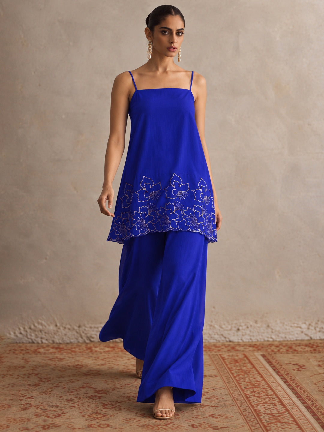 Navy Embroidered Strappy Kurta With Palazzos-Shae by SASSAFRAS