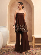 Brown Embroidered Strappy Kurta With Palazzos-Shae By SASSAFRAS