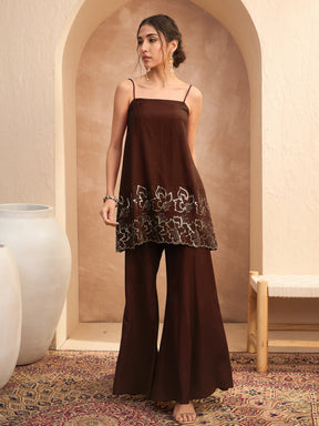 Brown Embroidered Strappy Kurta With Palazzos-Shae By SASSAFRAS