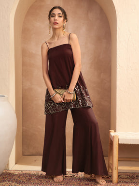 Brown Embroidered Strappy Kurta With Palazzos-Shae By SASSAFRAS