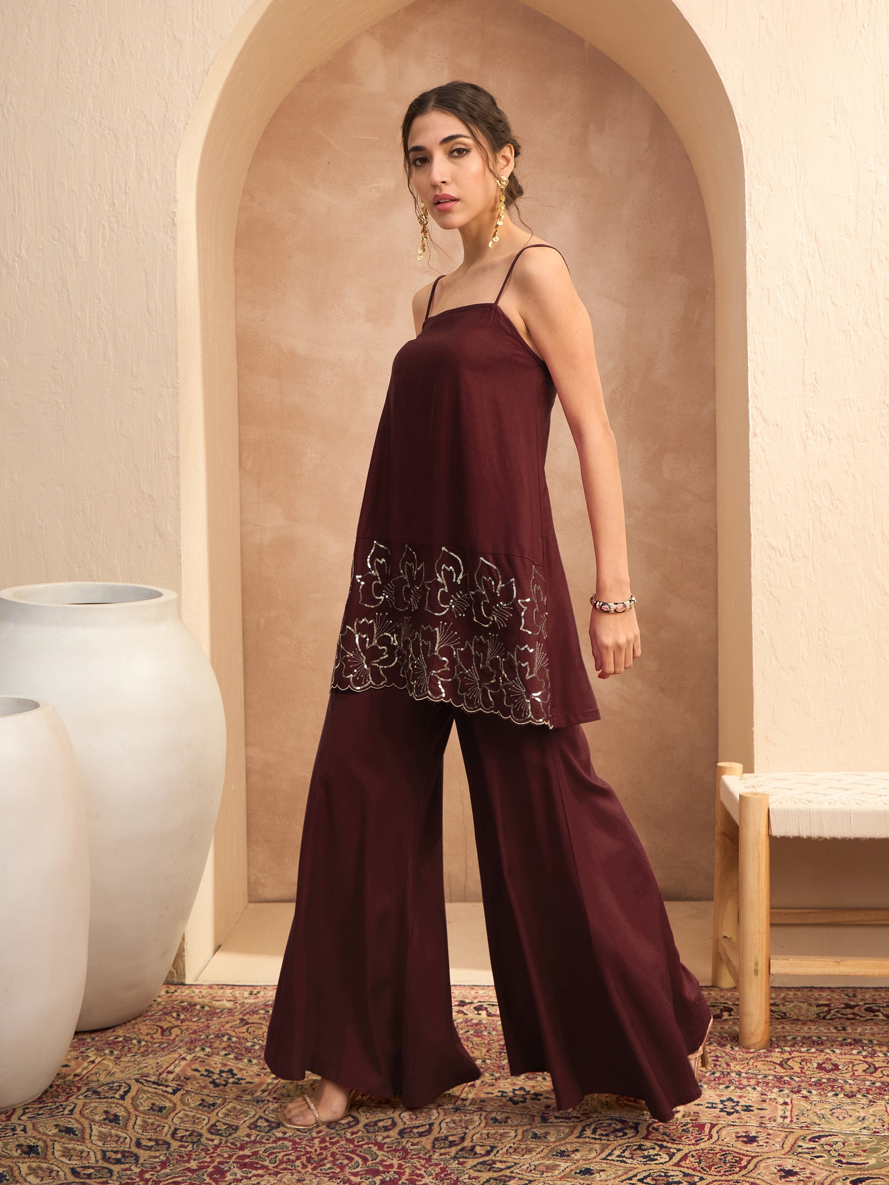 Brown Embroidered Strappy Kurta With Palazzos-Shae By SASSAFRAS
