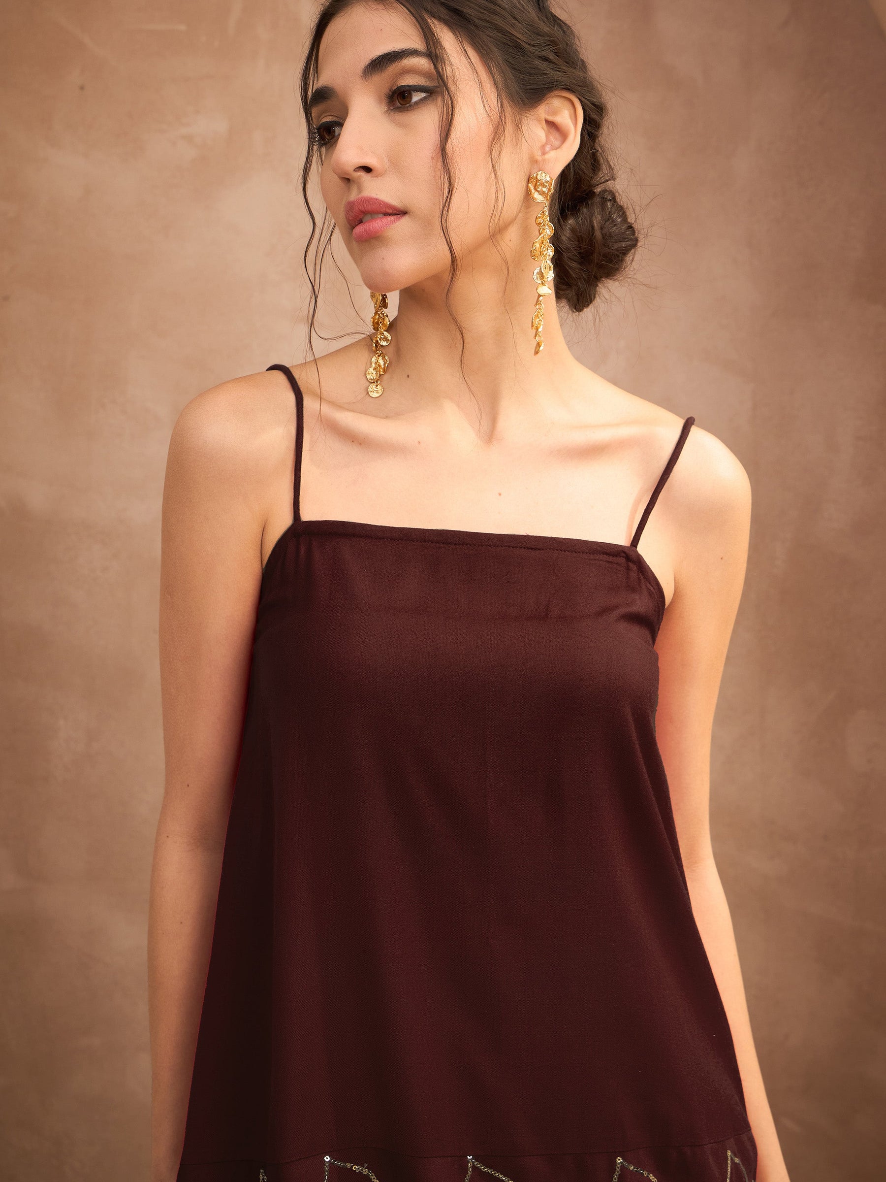 Brown Embroidered Strappy Kurta With Palazzos-Shae By SASSAFRAS