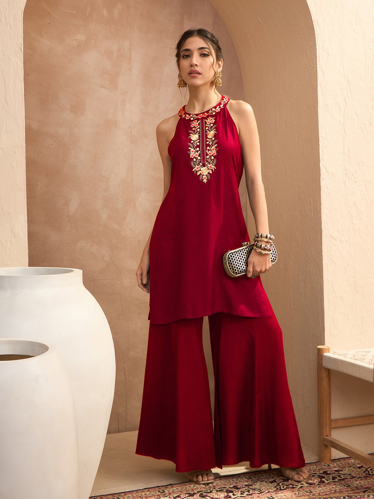 Red Embroidered Halter Kurta With Palazzos-Shae By SASSAFRAS