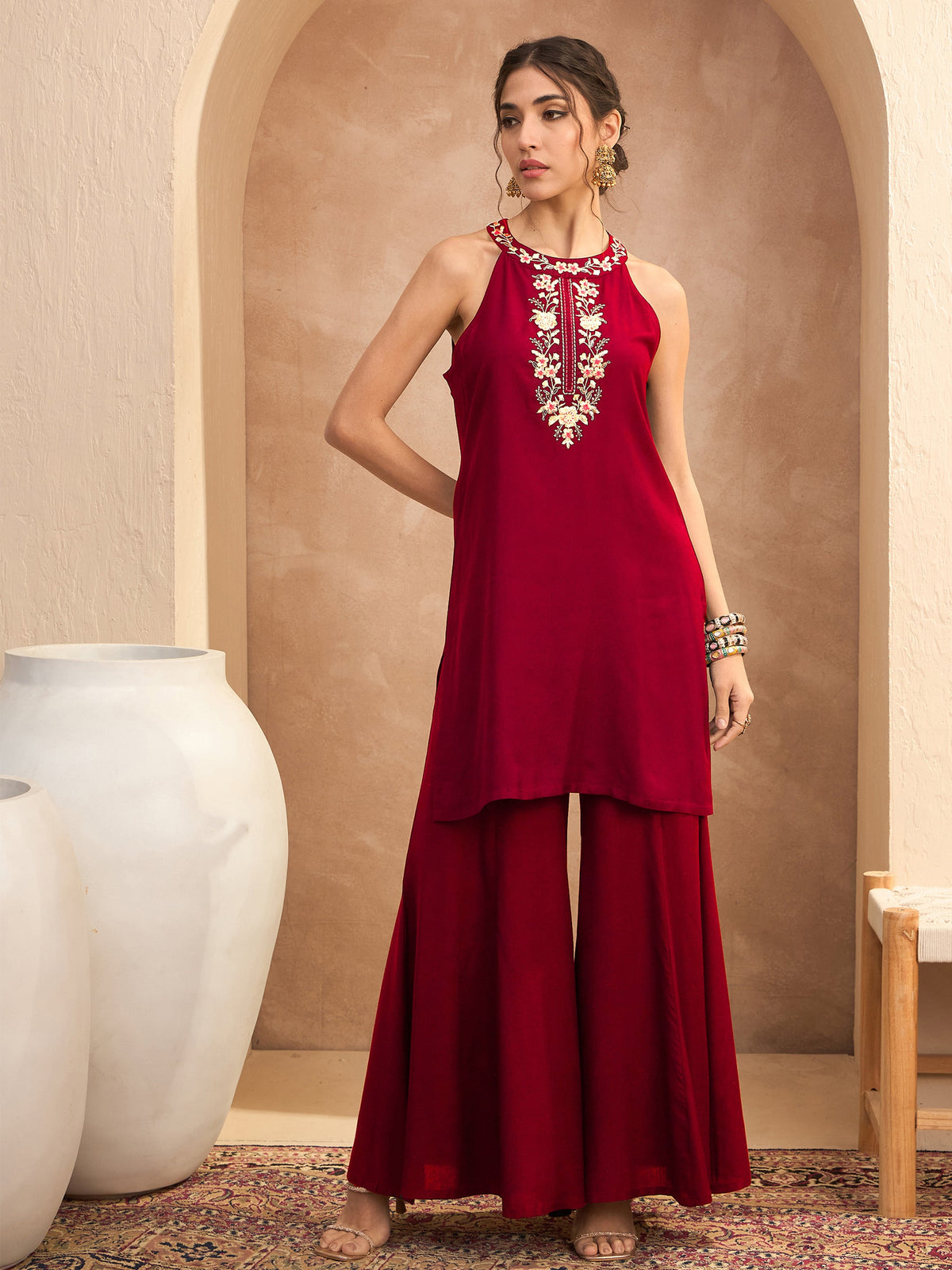 Red Embroidered Halter Kurta With Palazzos-Shae By SASSAFRAS