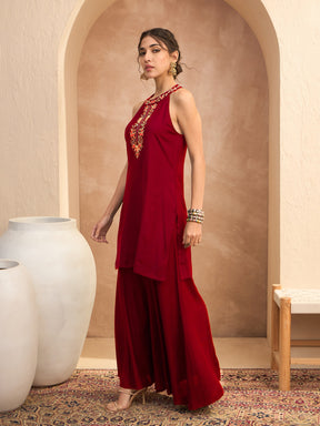 Red Embroidered Halter Kurta With Palazzos-Shae By SASSAFRAS