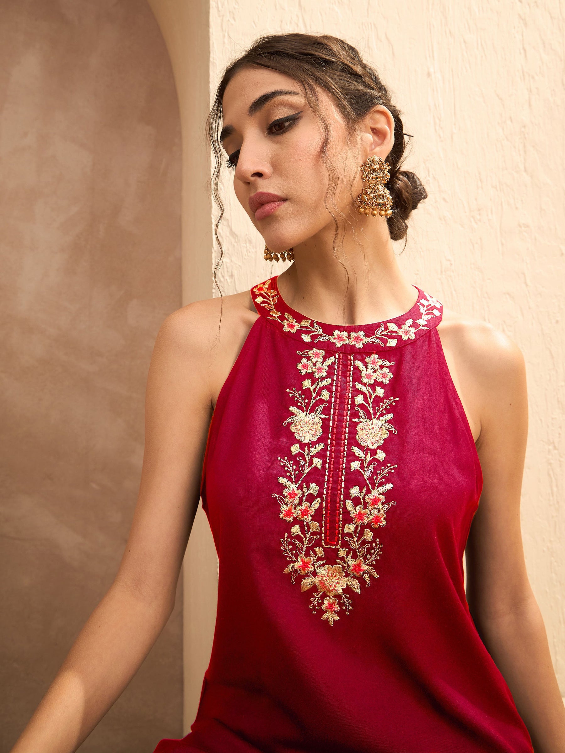 Red Embroidered Halter Kurta With Palazzos-Shae By SASSAFRAS