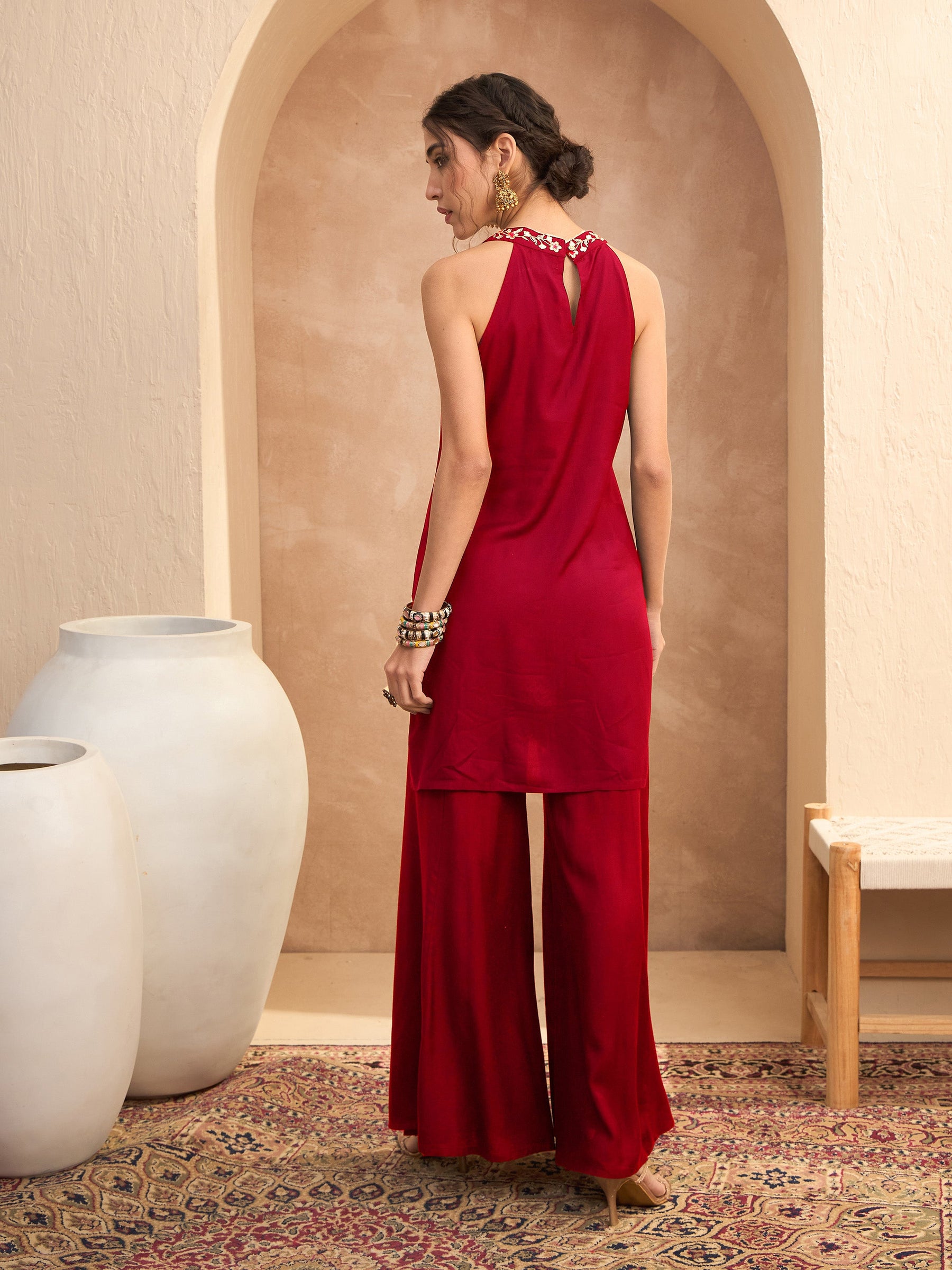 Red Embroidered Halter Kurta With Palazzos-Shae By SASSAFRAS