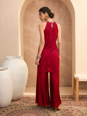 Red Embroidered Halter Kurta With Palazzos-Shae By SASSAFRAS
