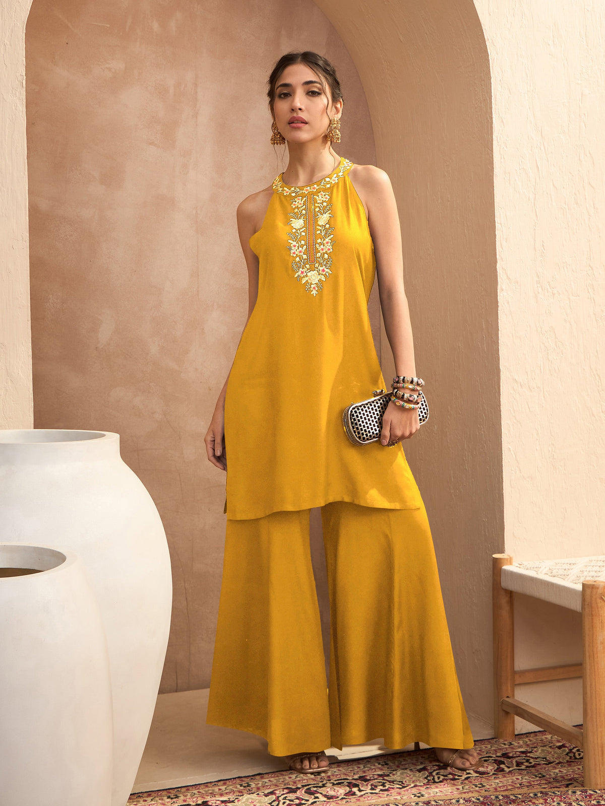 Mustard Embroidered Halter Kurta With Palazzos-Shae By SASSAFRAS