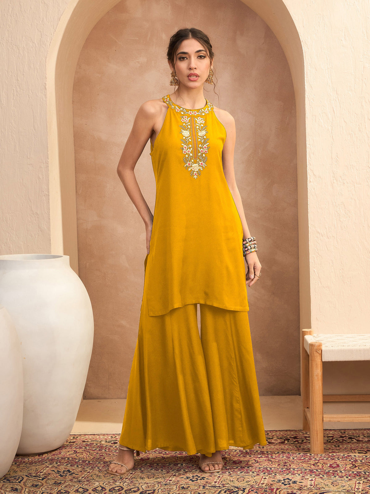 Mustard Embroidered Halter Kurta With Palazzos-Shae By SASSAFRAS
