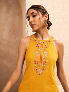 Women Mustard Embroidered Halter Kurta With Palazzos