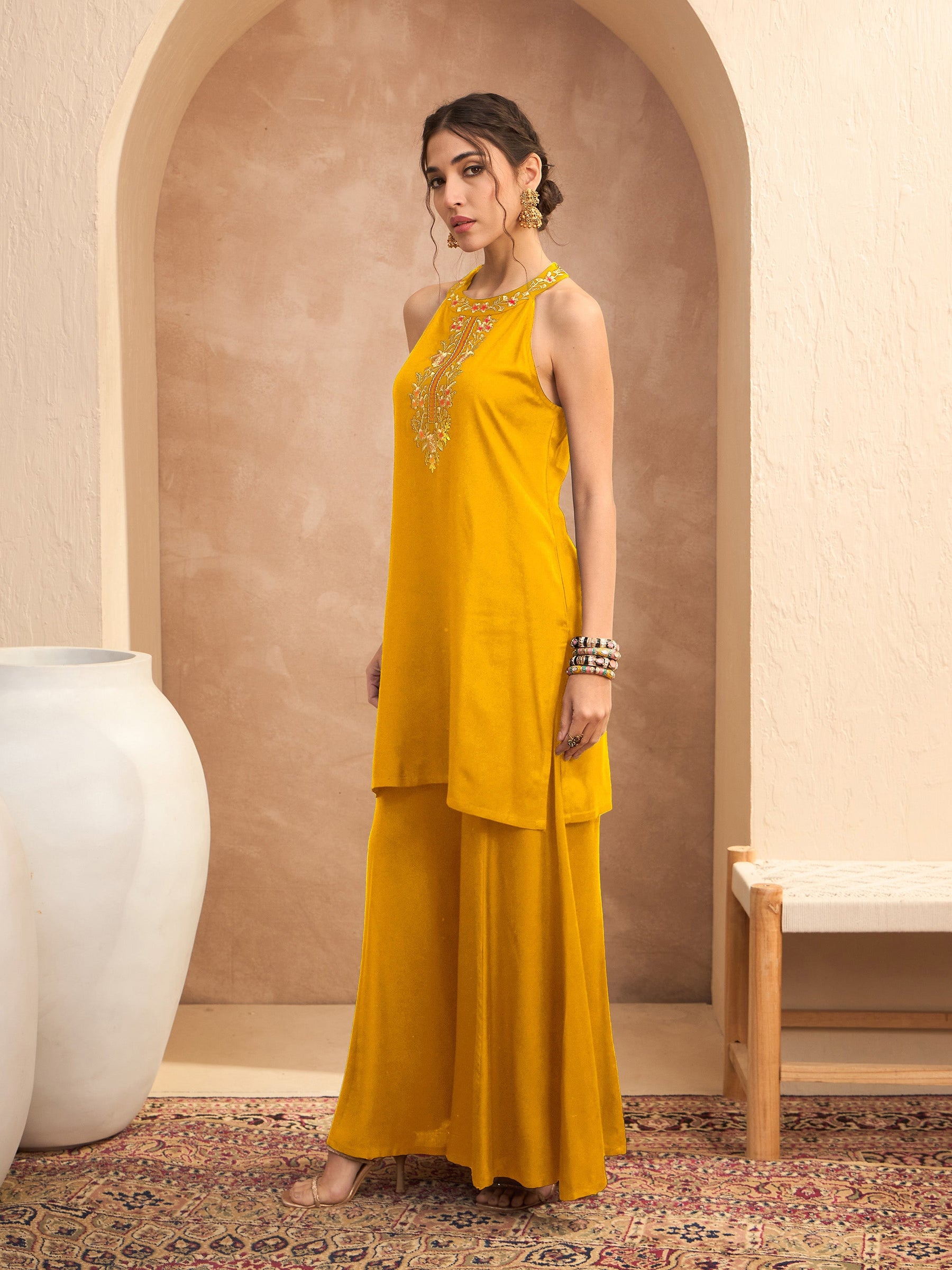 Mustard Embroidered Halter Kurta With Palazzos-Shae By SASSAFRAS