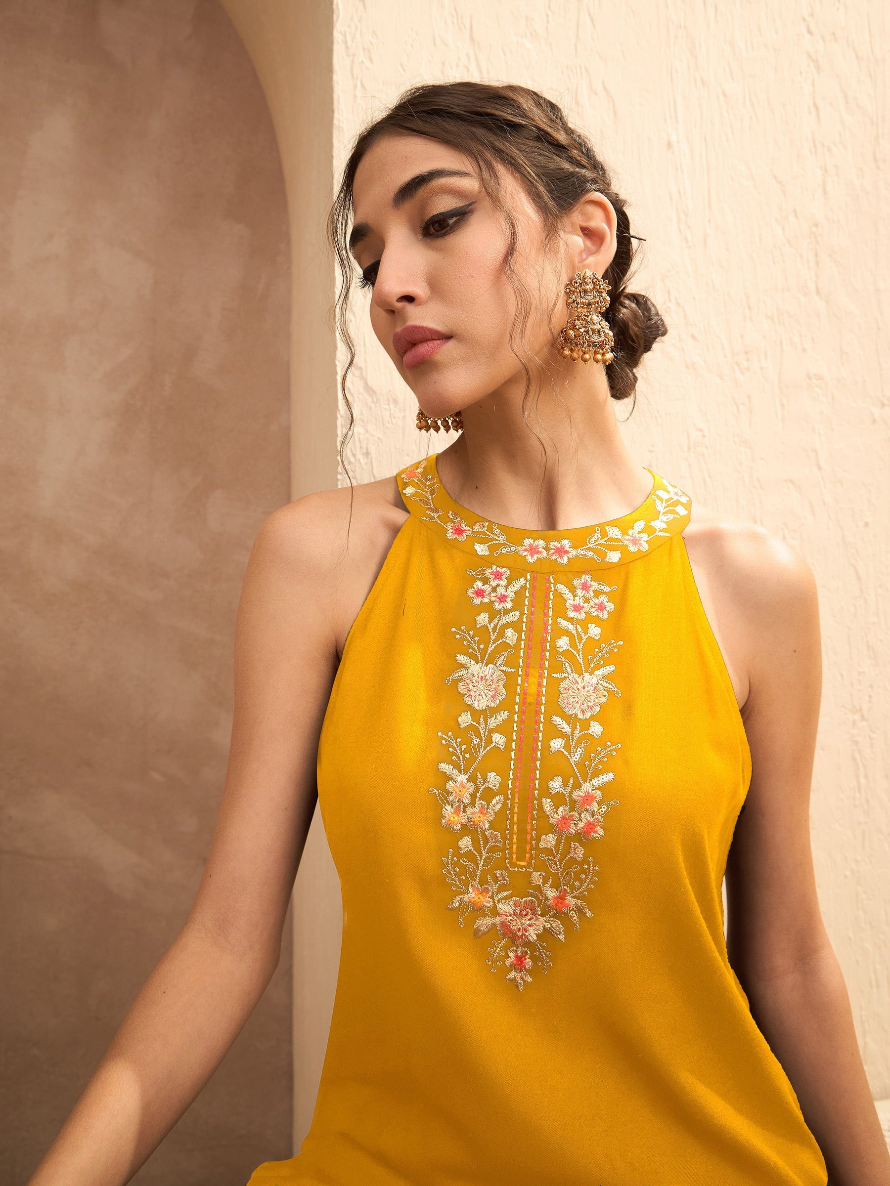 Mustard Embroidered Halter Kurta With Palazzos-Shae By SASSAFRAS