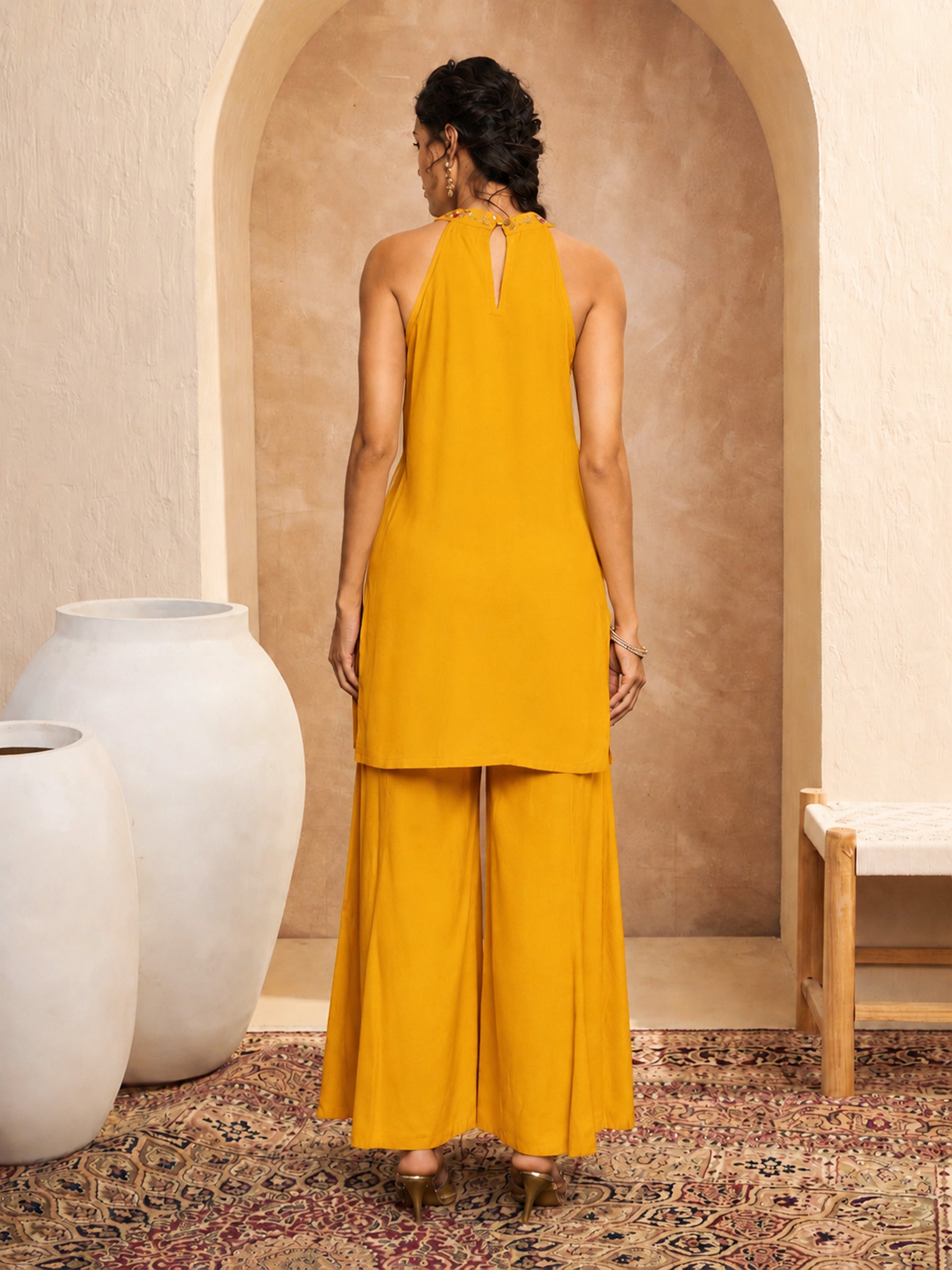 Women Mustard Embroidered Halter Kurta With Palazzos