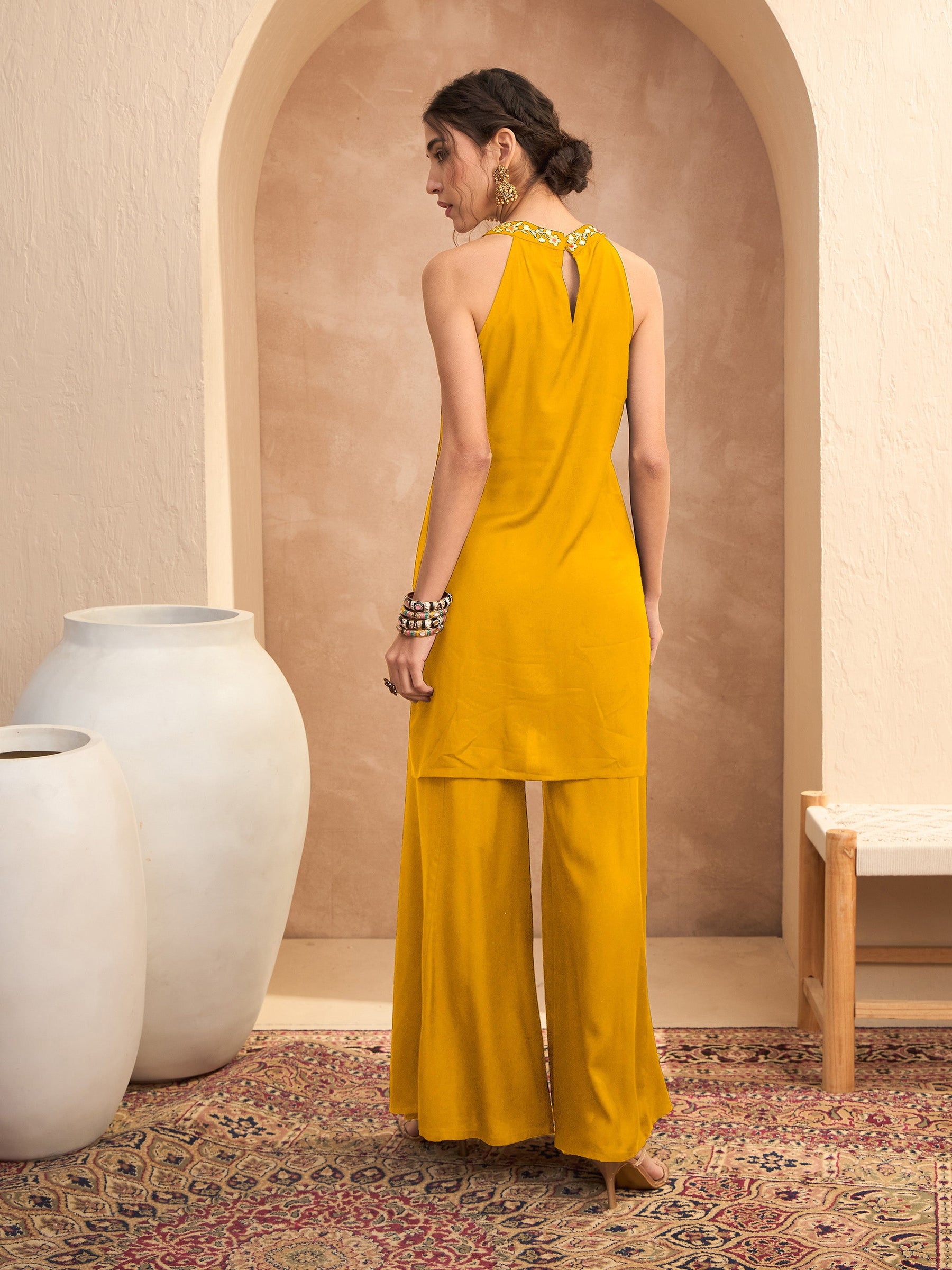 Mustard Embroidered Halter Kurta With Palazzos-Shae By SASSAFRAS