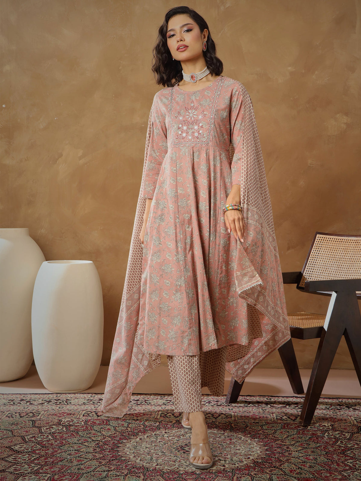 Peach Floral Anarkali Kurta With Pants & Dupatta-Shae By SASSAFRAS