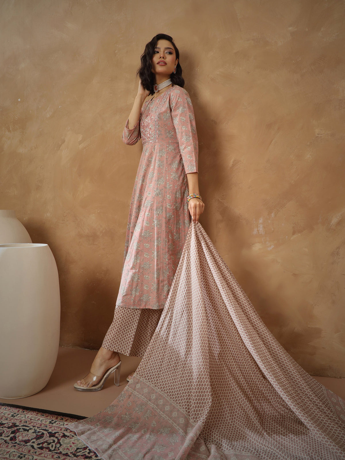 Peach Floral Anarkali Kurta With Pants & Dupatta-Shae By SASSAFRAS