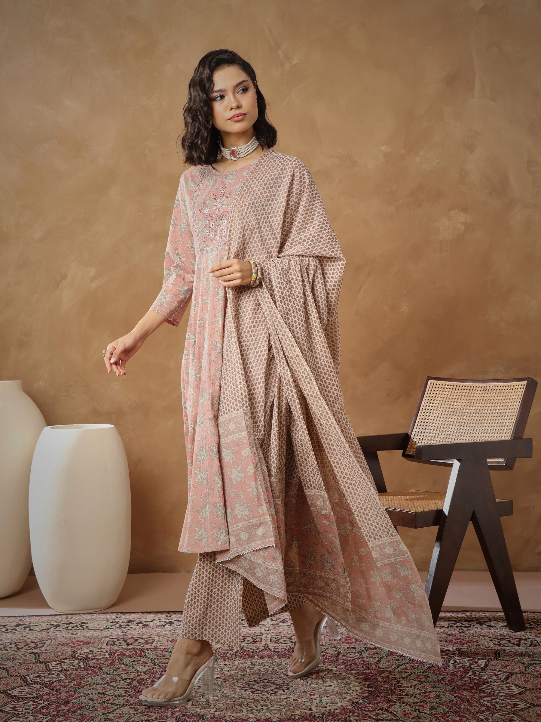 Peach Floral Anarkali Kurta With Pants & Dupatta-Shae By SASSAFRAS