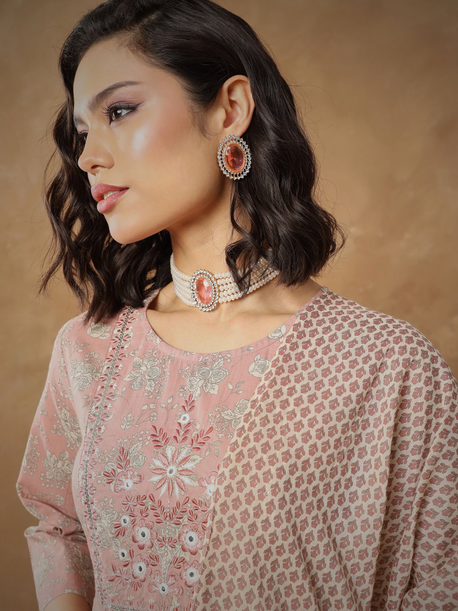Peach Floral Anarkali Kurta With Pants & Dupatta-Shae By SASSAFRAS