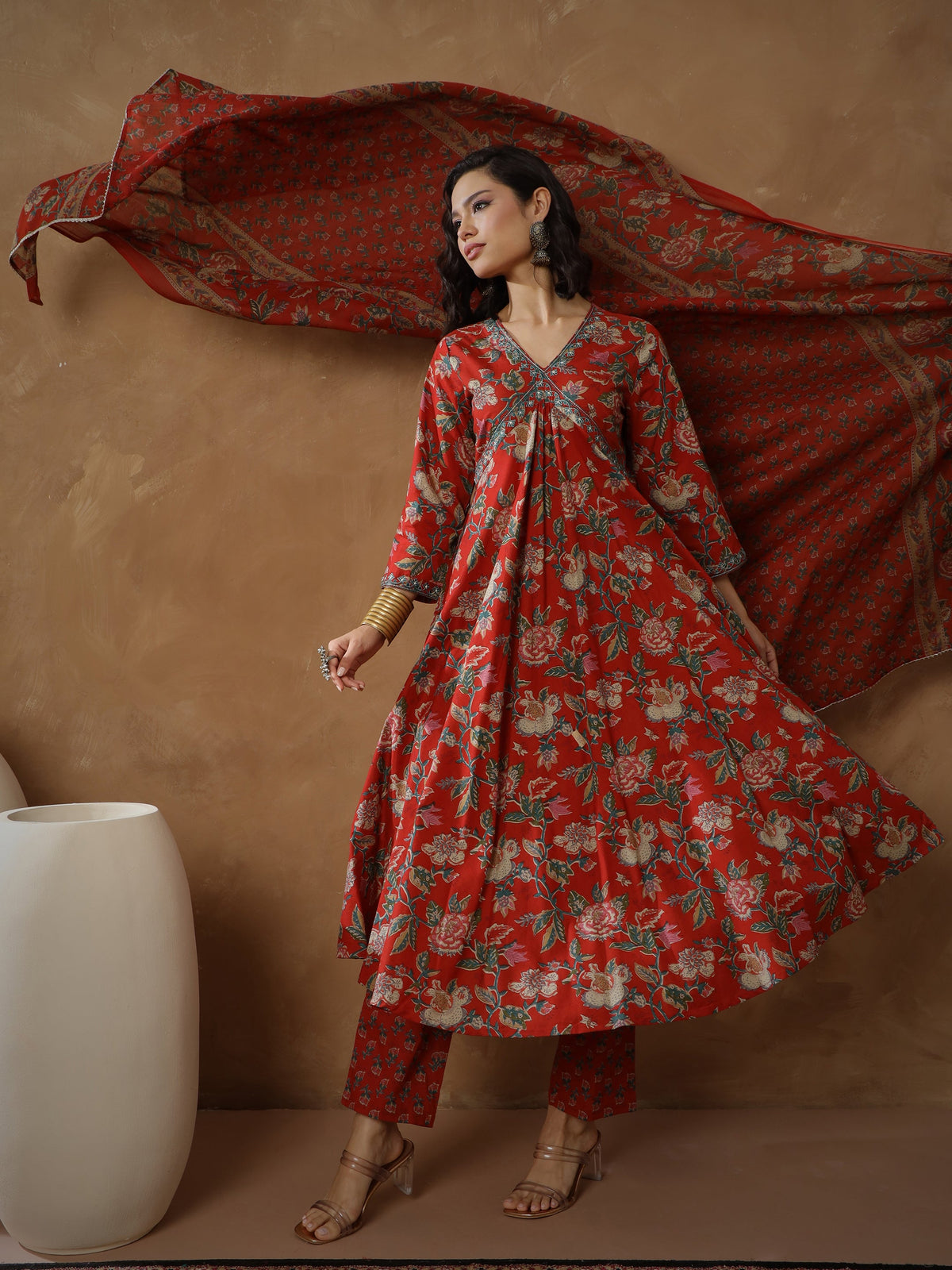 Red Floral Anarkali Kurta With Pants & Dupatta-Shae By SASSAFRAS