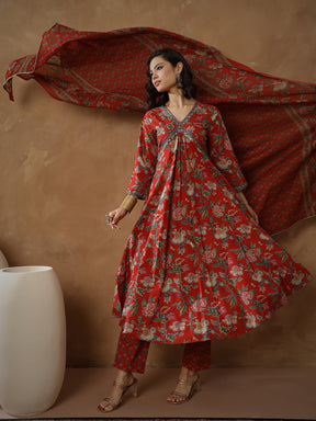 Red Floral Anarkali Kurta With Pants & Dupatta-Shae By SASSAFRAS