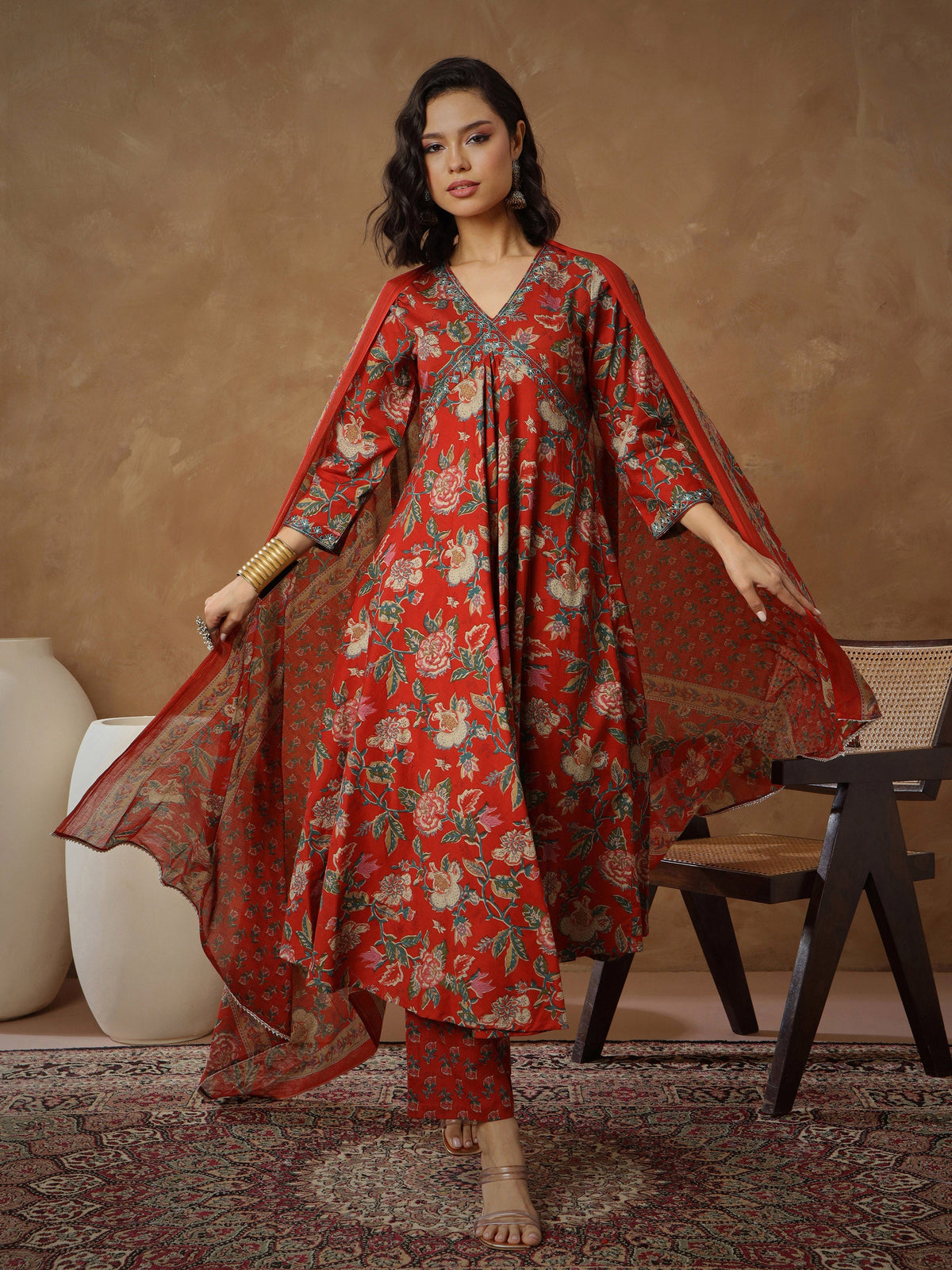 Red Floral Anarkali Kurta With Pants & Dupatta-Shae By SASSAFRAS