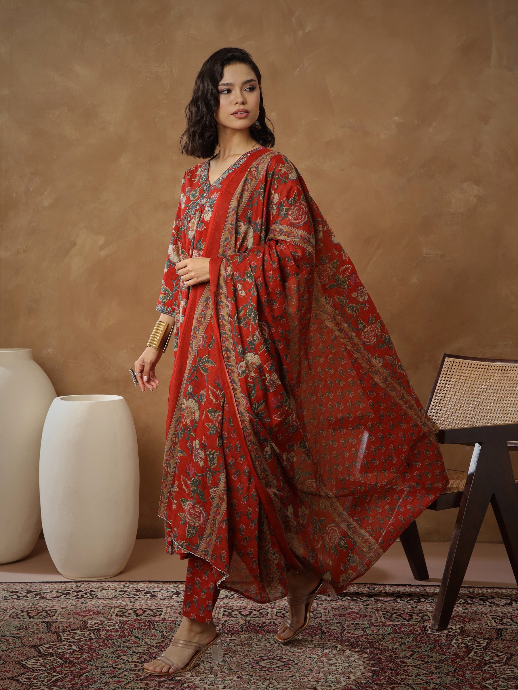 Red Floral Anarkali Kurta With Pants & Dupatta-Shae By SASSAFRAS