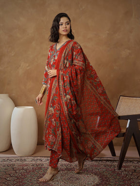 Red Floral Anarkali Kurta With Pants & Dupatta-Shae By SASSAFRAS